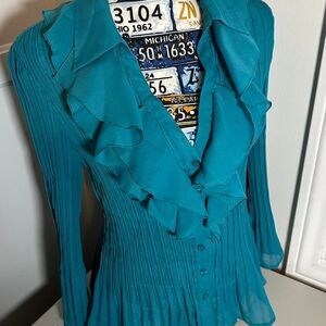 VINTAGE 90s/Y2K SUNNY LEIGH Teal Blue Ruffle Pleated Button Up Blouse